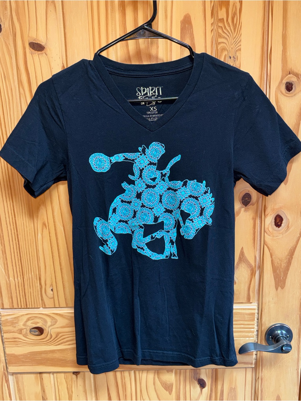 Spirit Black V-Neck Tee With Teal Floral Accent